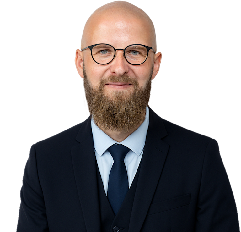 Bedemand Lasse Andersen blåt jakkesæt lyseblå skjorte blåt slips skæg briller skaldet